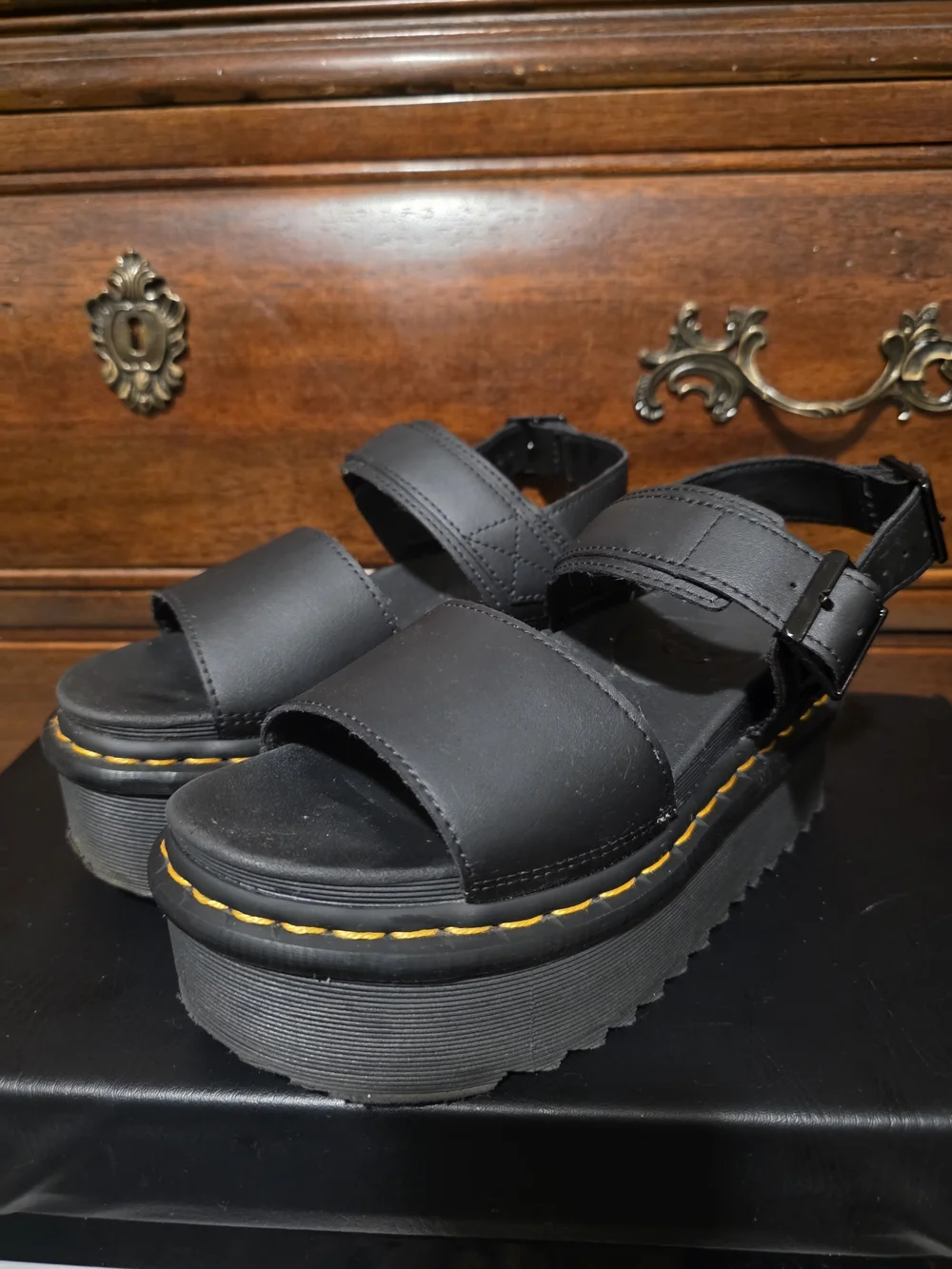 Dr. Martens Black Platform Sandals with Yellow Stitching